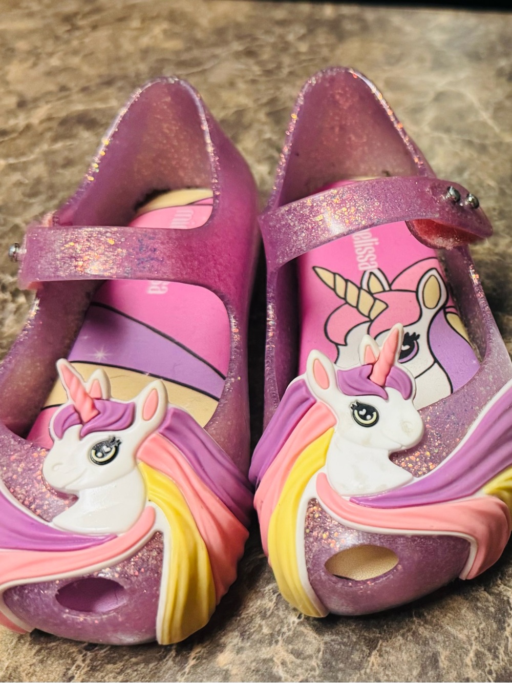 Mini Melissa Girls Glitter Purple Unicorn Jelly Shoes